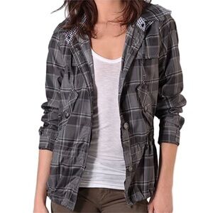 We the Free Size Small Windy Weather Grey Plaid Jacket Removeable Hood Blue
